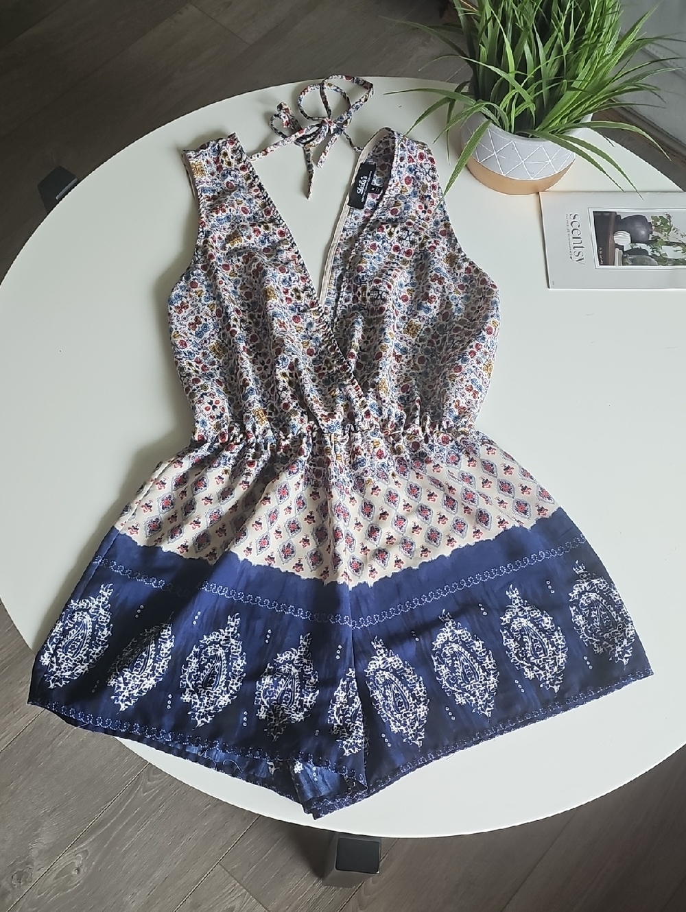 Lulu's Cream Boho Print Romper with Blue and Red Accents